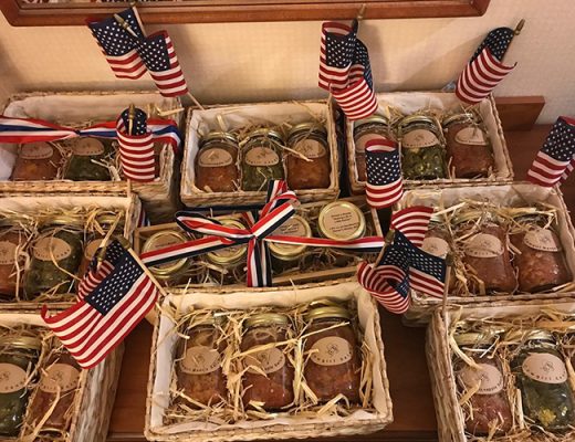 Gift boxes of Dinner's Ready jars with American flags